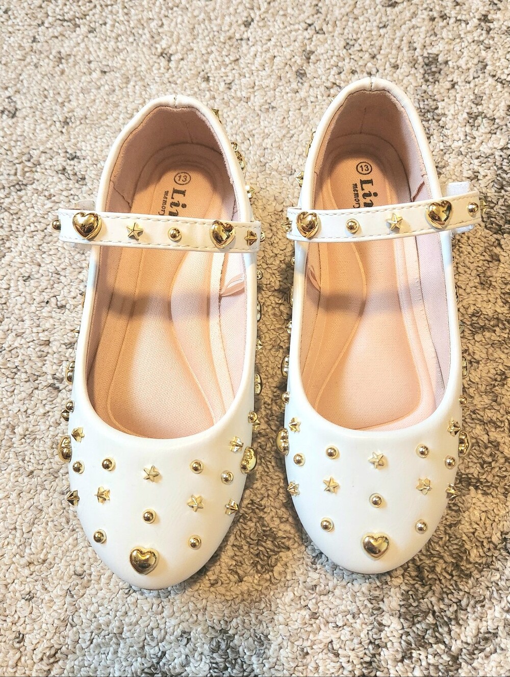 Girls White Mary Jane Shoes with Gold Heart & Star Studs